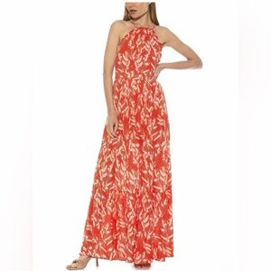 Alexia Admor Kira Ruffle Halter Maxi Dress Size 2 Hi/Low Orange Floral Print EUC